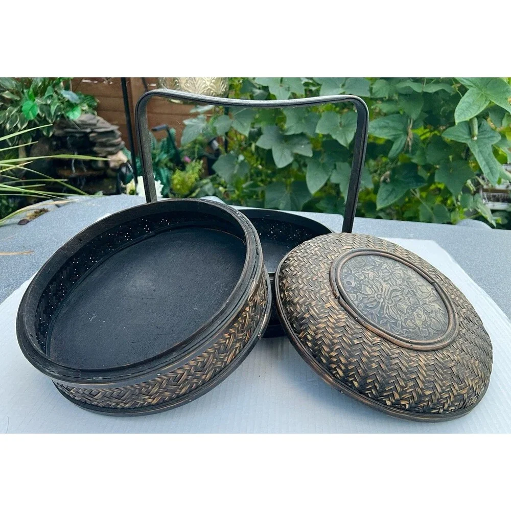1900 Chinese 2-Tier Woven Bamboo Wedding Basket Metal Floral Medallion